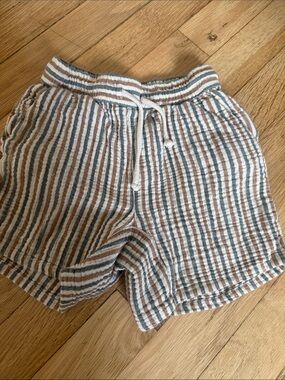 Rylee + Cru Striped Linen-Texture Shorts in Cream, Brown & Blue